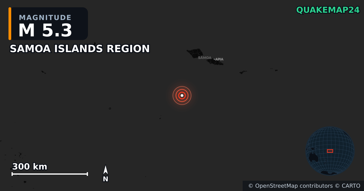 M5.3 earthquake near SAMOA ISLANDS REGION on Feb 15, 2026 — map of epicenter and shaking intensity | QuakeMap24