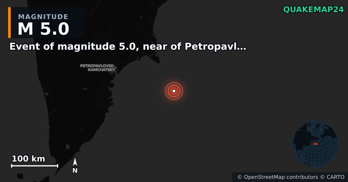 M5.0 earthquake near Event of magnitude 5.0, near of Petropavlovsk Kamchatskiy (Monde) on Sep 19, 2025 — map of epicenter and shaking intensity | QuakeMap24