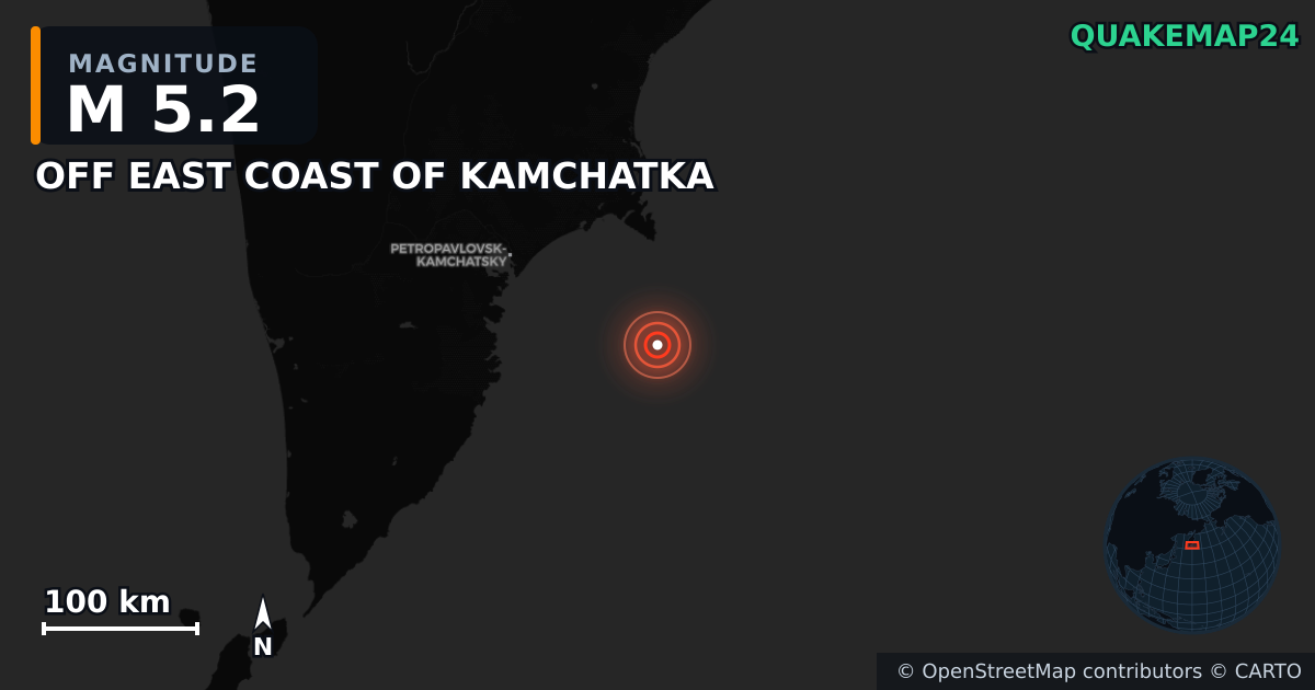 M5.2 Earthquake near OFF EAST COAST OF KAMCHATKA · 2025-07-23 — Map showing the location of the epicenter
