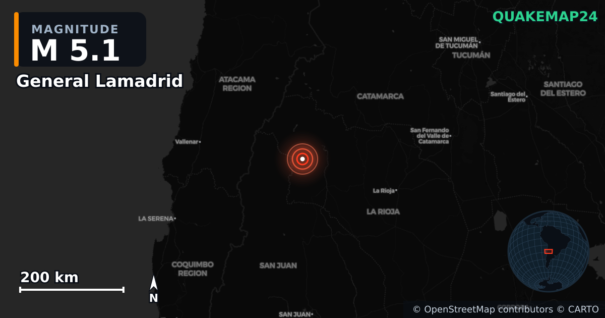 M5.1 earthquake near General Lamadrid on Feb 6, 2026 — map of epicenter and shaking intensity | QuakeMap24
