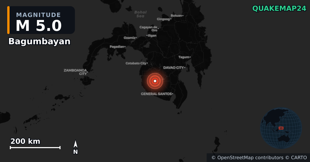 M5.0 earthquake near Bagumbayan on Jan 28, 2026 — map of epicenter and shaking intensity | QuakeMap24