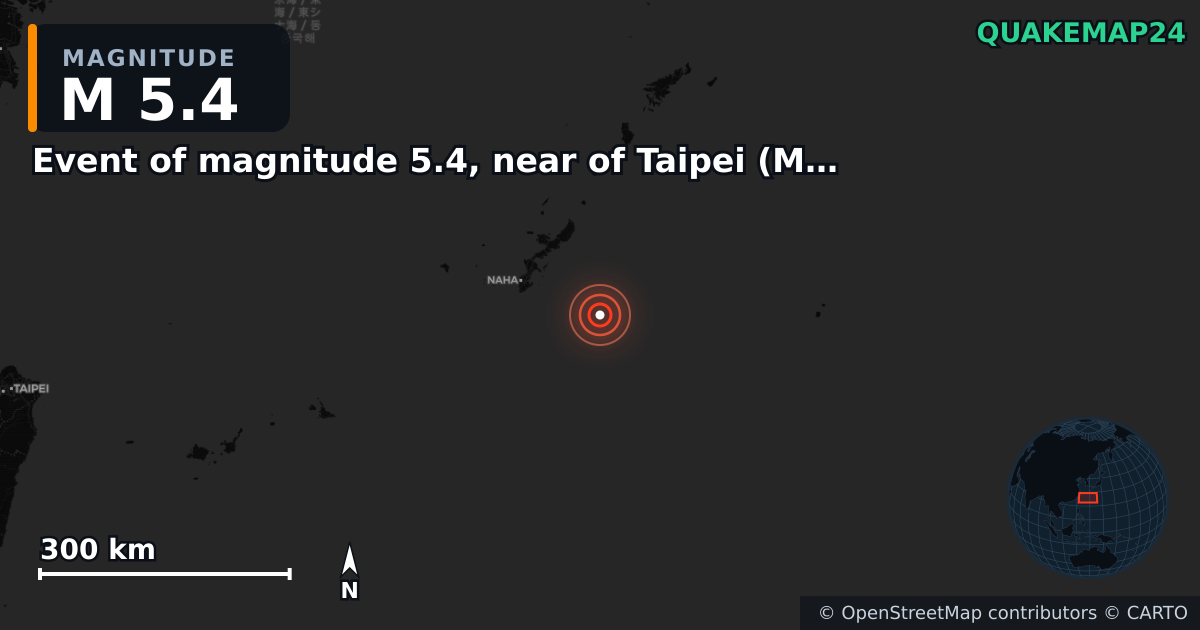 M5.4 earthquake near Event of magnitude 5.4, near of Taipei (Monde) on Feb 12, 2026 — map of epicenter and shaking intensity | QuakeMap24
