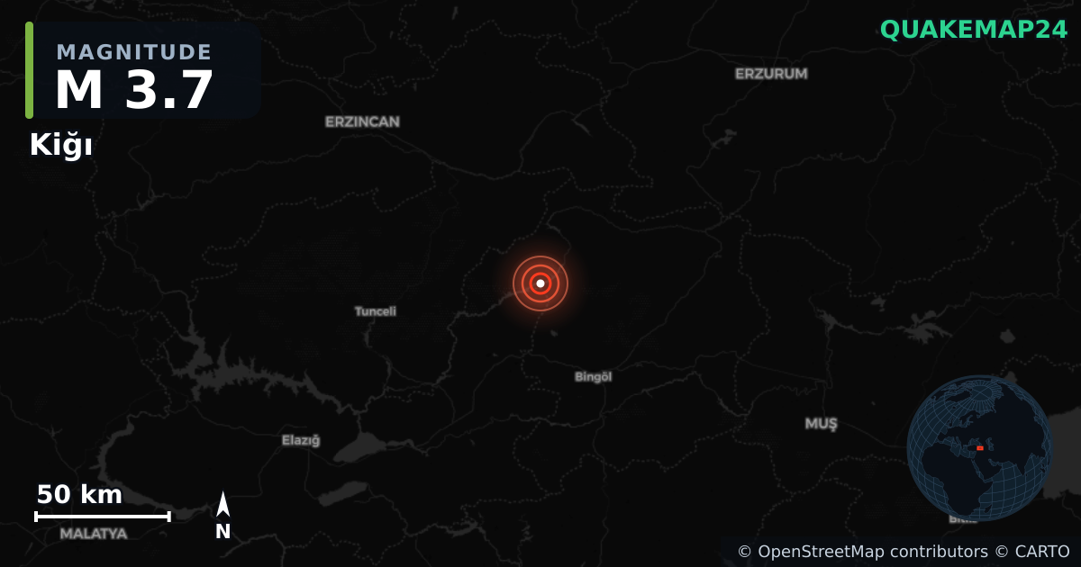 M3.7 earthquake near Kiğı on Jun 23, 2025 — map of epicenter and shaking intensity | QuakeMap24