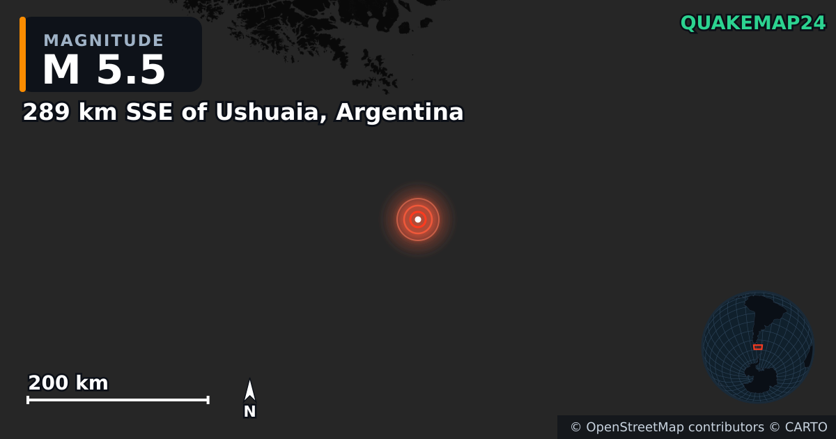 289 km SSE of Ushuaia, Argentina yakınında M5,5 deprem — Deprem merkez üssünün konumunu gösteren harita