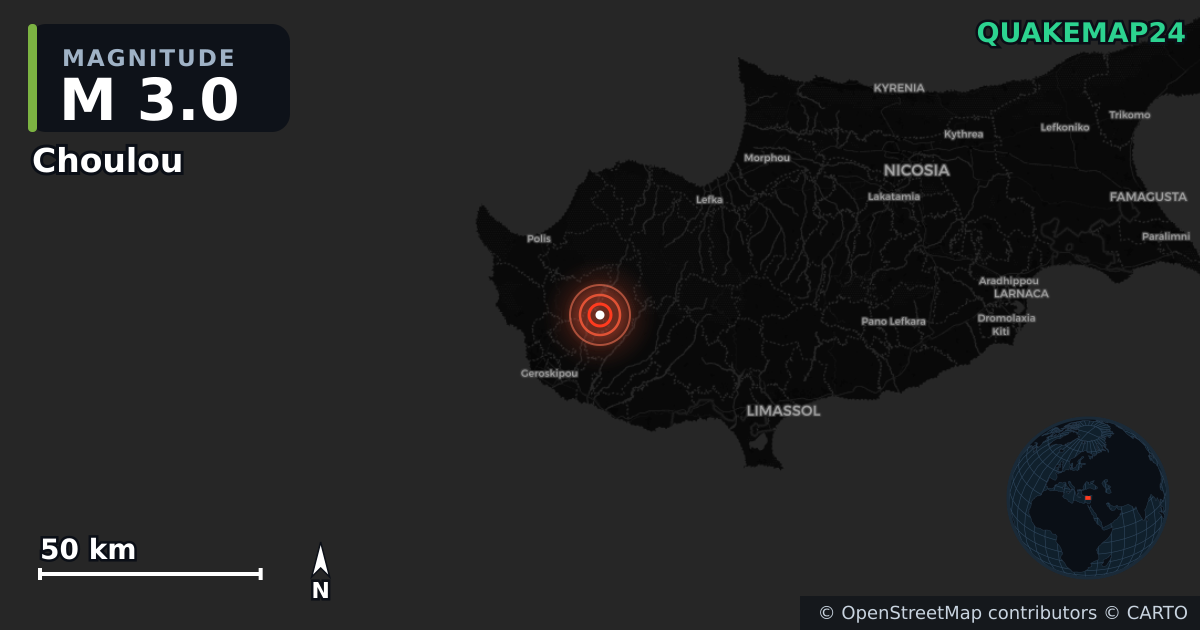 M3.0 earthquake near Choulou on Dec 12, 2025 — map of epicenter and shaking intensity | QuakeMap24