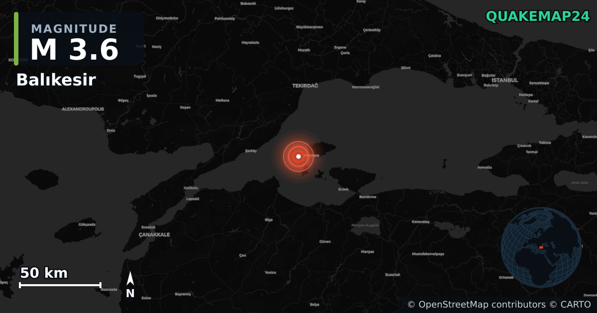 Sismo de M3,6 perto de Balıkesir (Turquia) · 2026-06-16 — Mapa da localização do epicentro