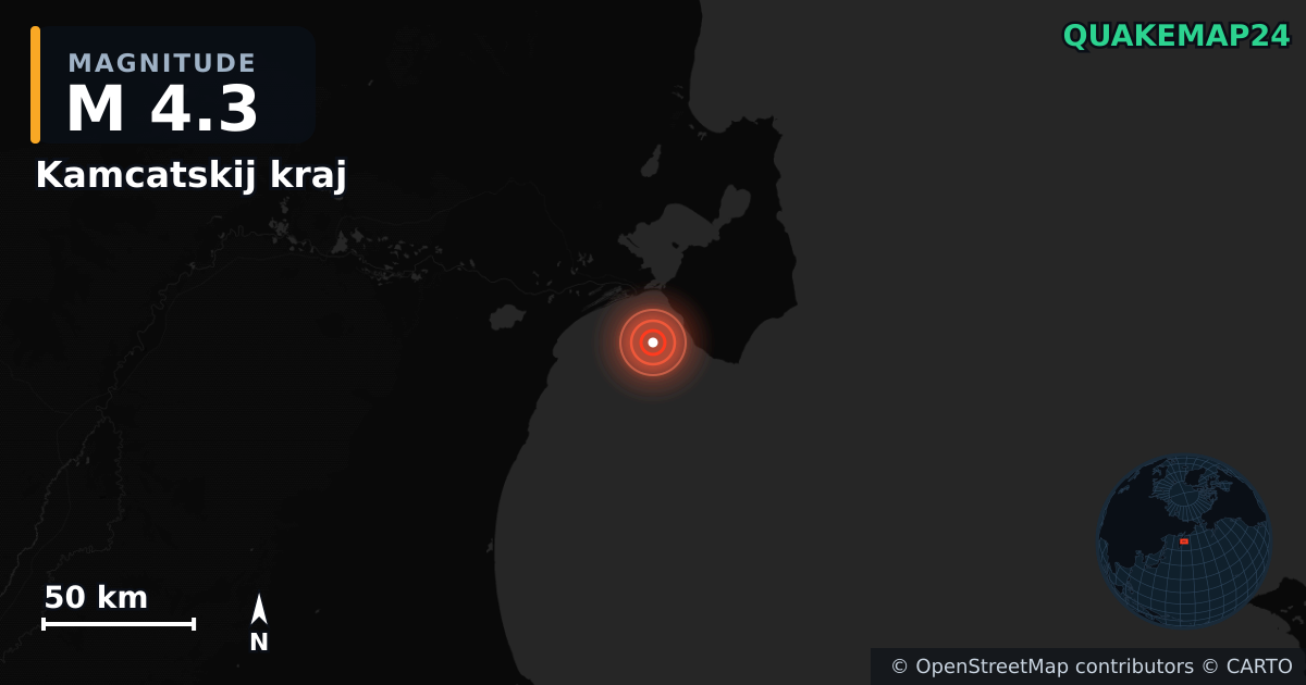 M4.3 earthquake near Kamcatskij kraj on Apr 7, 2026 — map of epicenter and shaking intensity | QuakeMap24