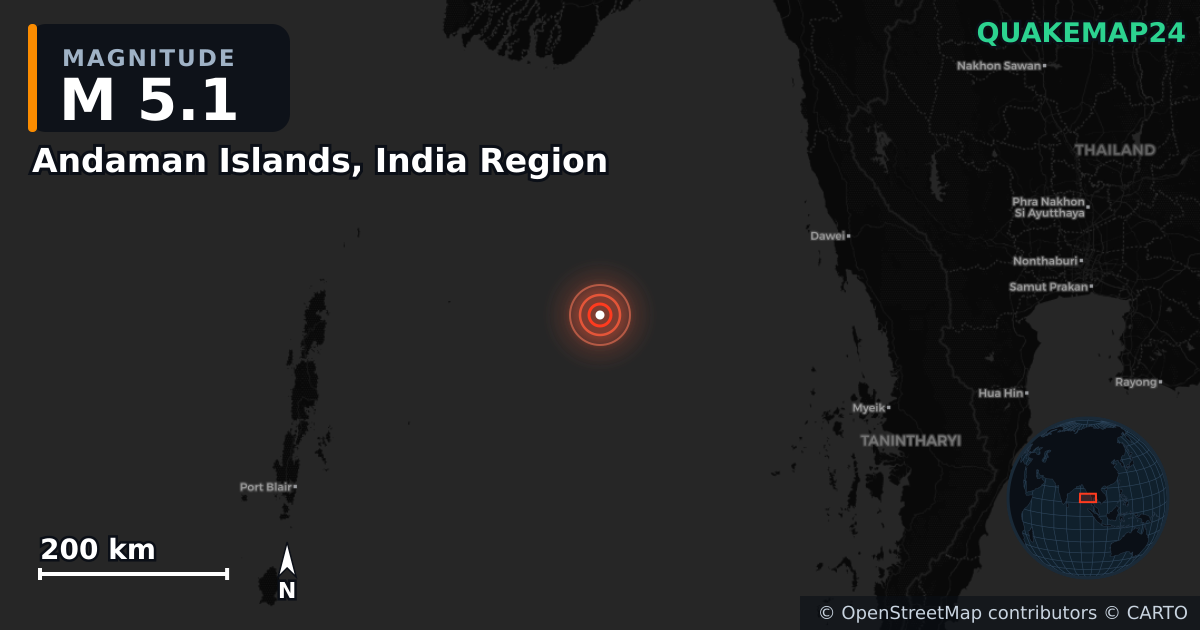 Erdbeben M5,1 bei Andaman Islands, India Region — Karte der Lage des Epizentrums