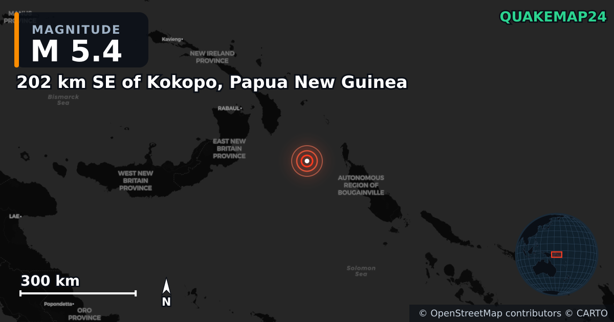 Erdbeben M5,4 bei 202 km SE of Kokopo, Papua New Guinea — Karte der Lage des Epizentrums