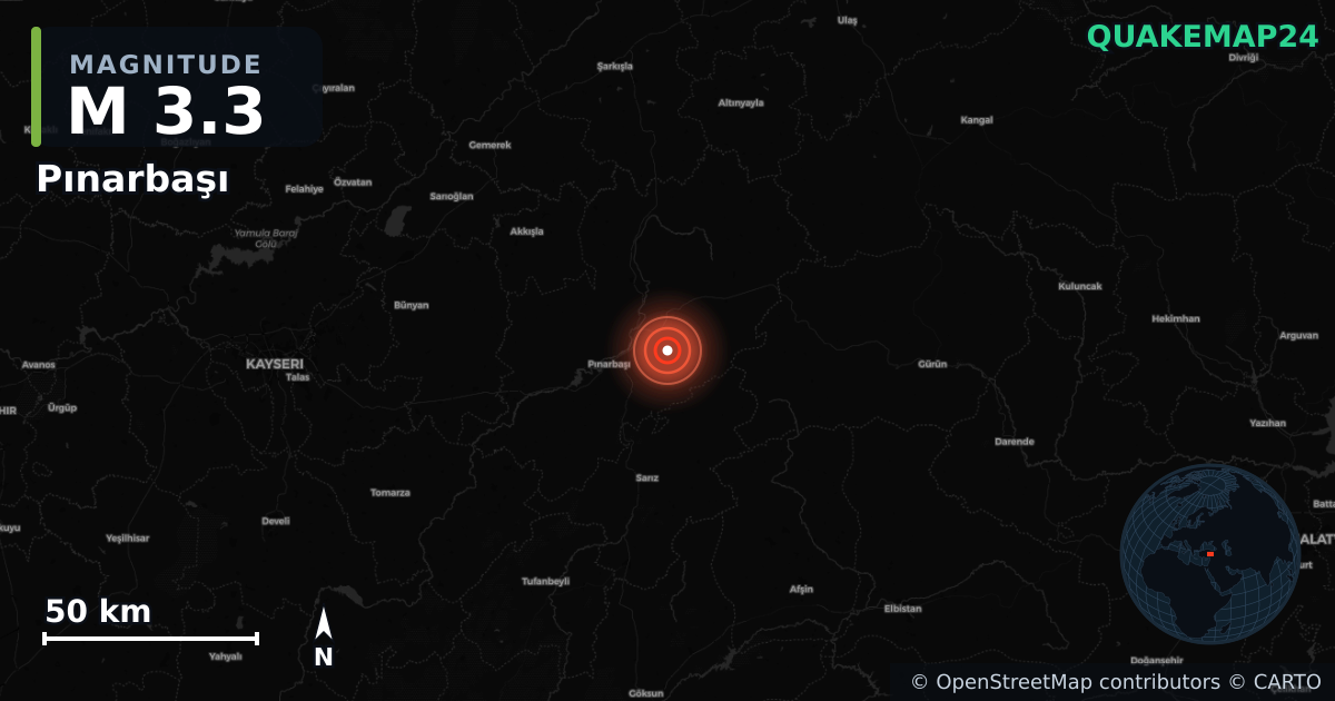 Sismo de M3,3 perto de Pınarbaşı, Kayseri (Turquia) · 2026-06-16 — Mapa da localização do epicentro