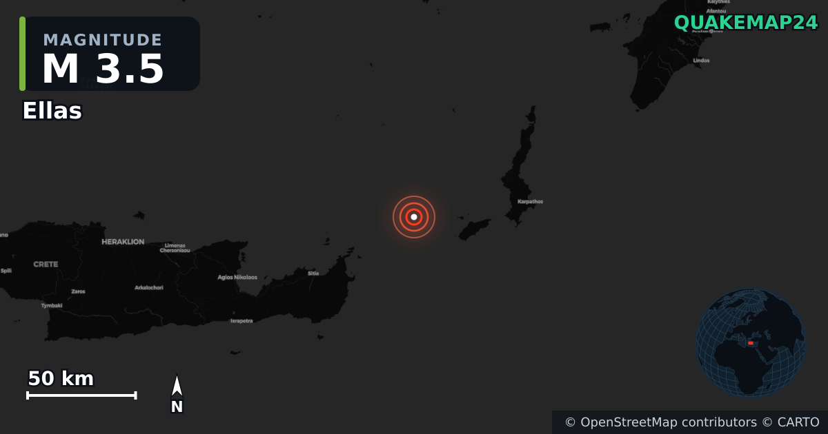 M3.5 earthquake near Ellas on May 31, 2026 — map of epicenter and shaking intensity | QuakeMap24