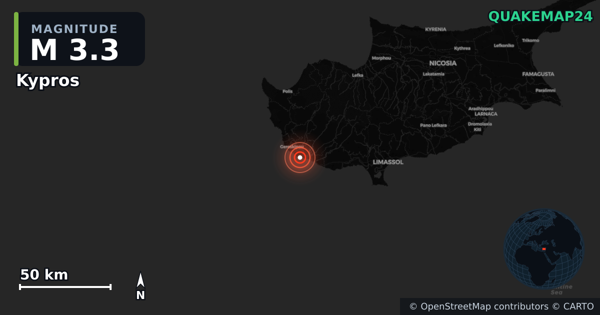 M3.3 earthquake near Kypros on Nov 13, 2025 — map of epicenter and shaking intensity | QuakeMap24