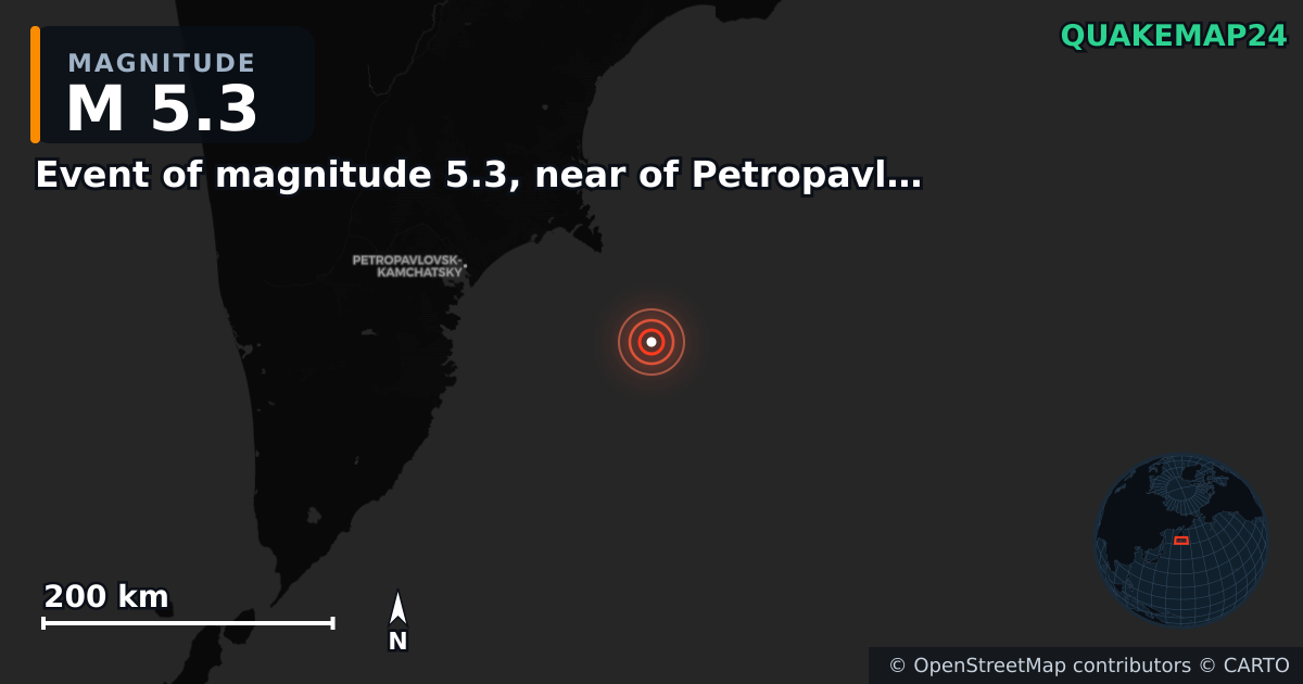 M5.3 earthquake near Event of magnitude 5.3, near of Petropavlovsk Kamchatskiy (Monde) on Oct 19, 2025 — map of epicenter and shaking intensity | QuakeMap24