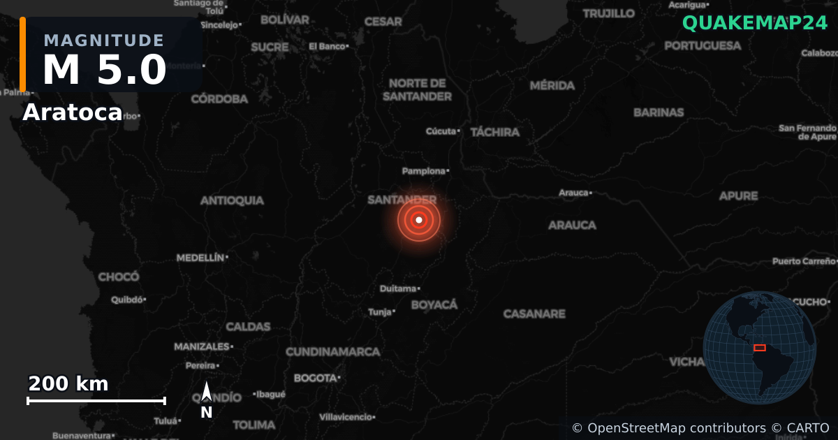 M5.0 earthquake near Aratoca on Jan 16, 2026 — map of epicenter and shaking intensity | QuakeMap24