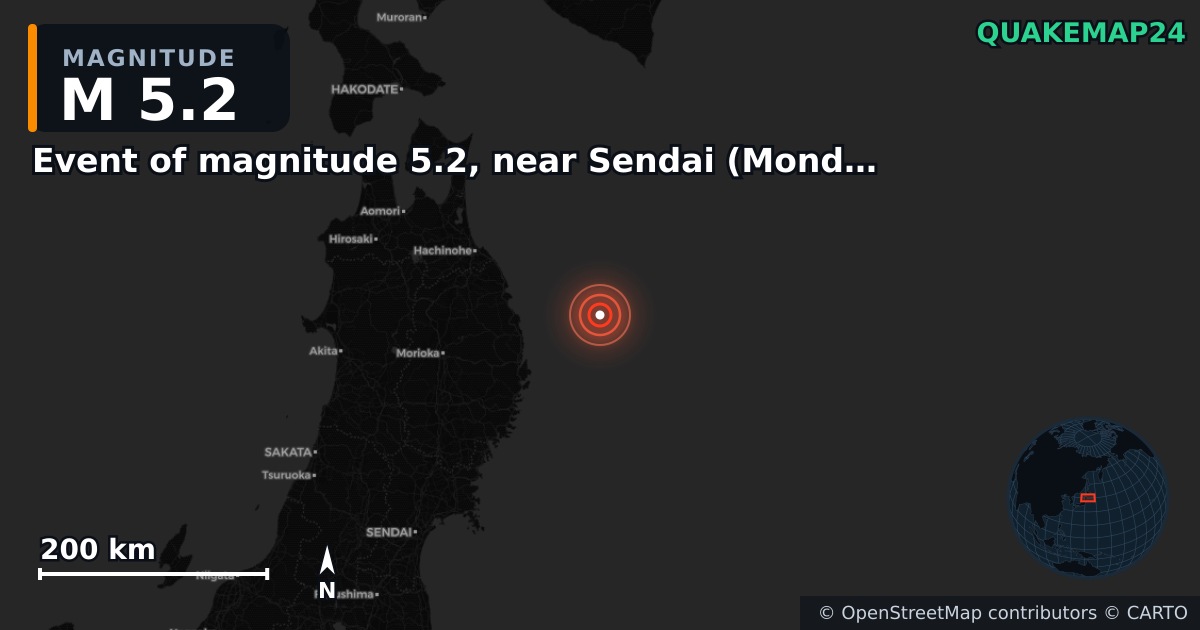 M5.2 earthquake near Event of magnitude 5.2, near Sendai (Monde) on Apr 22, 2026 — map of epicenter and shaking intensity | QuakeMap24