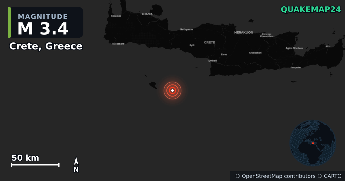 M3.4 earthquake near Crete, Greece on Jan 3, 2026 — map of epicenter and shaking intensity | QuakeMap24