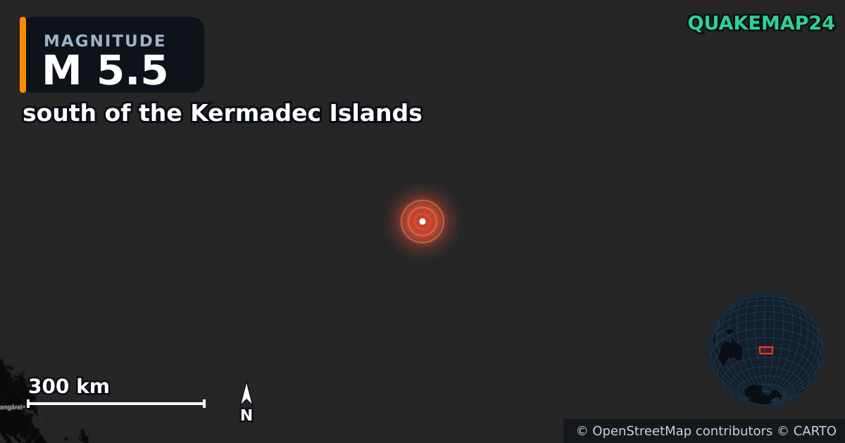 M5.5 earthquake near south of the Kermadec Islands on Mar 10, 2026 — map of epicenter and shaking intensity | QuakeMap24