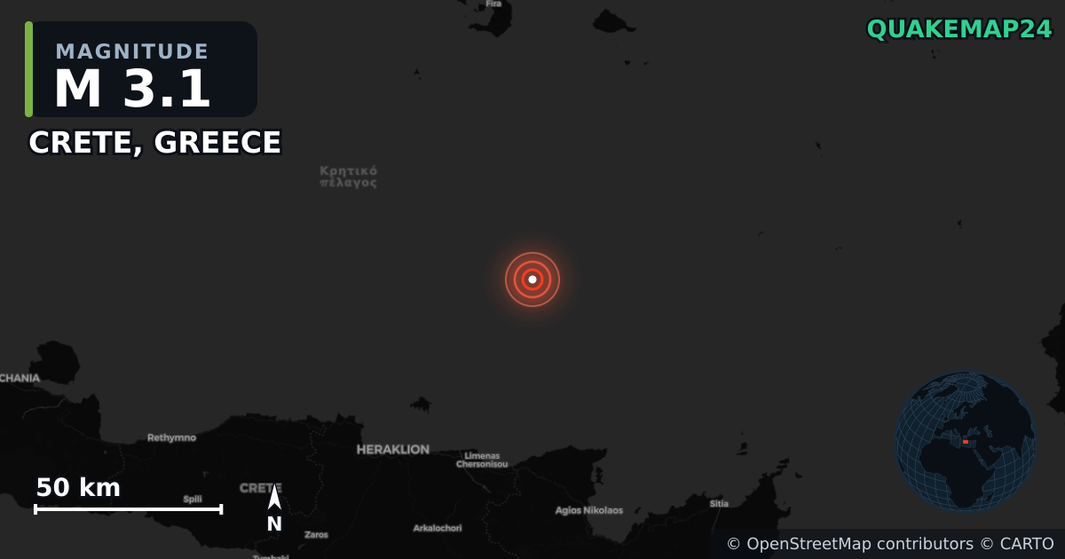 M3.1 earthquake near CRETE, GREECE on May 14, 2025 — map of epicenter and shaking intensity | QuakeMap24