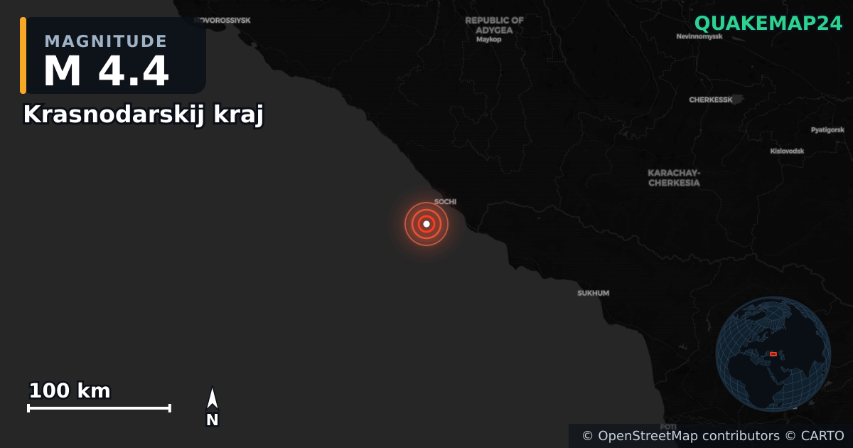 M4.4 earthquake near Krasnodarskij kraj on Mar 3, 2026 — map of epicenter and shaking intensity | QuakeMap24