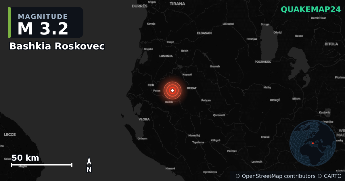 M3.2 earthquake near Bashkia Roskovec on Jun 27, 2026 — map of epicenter and shaking intensity | QuakeMap24