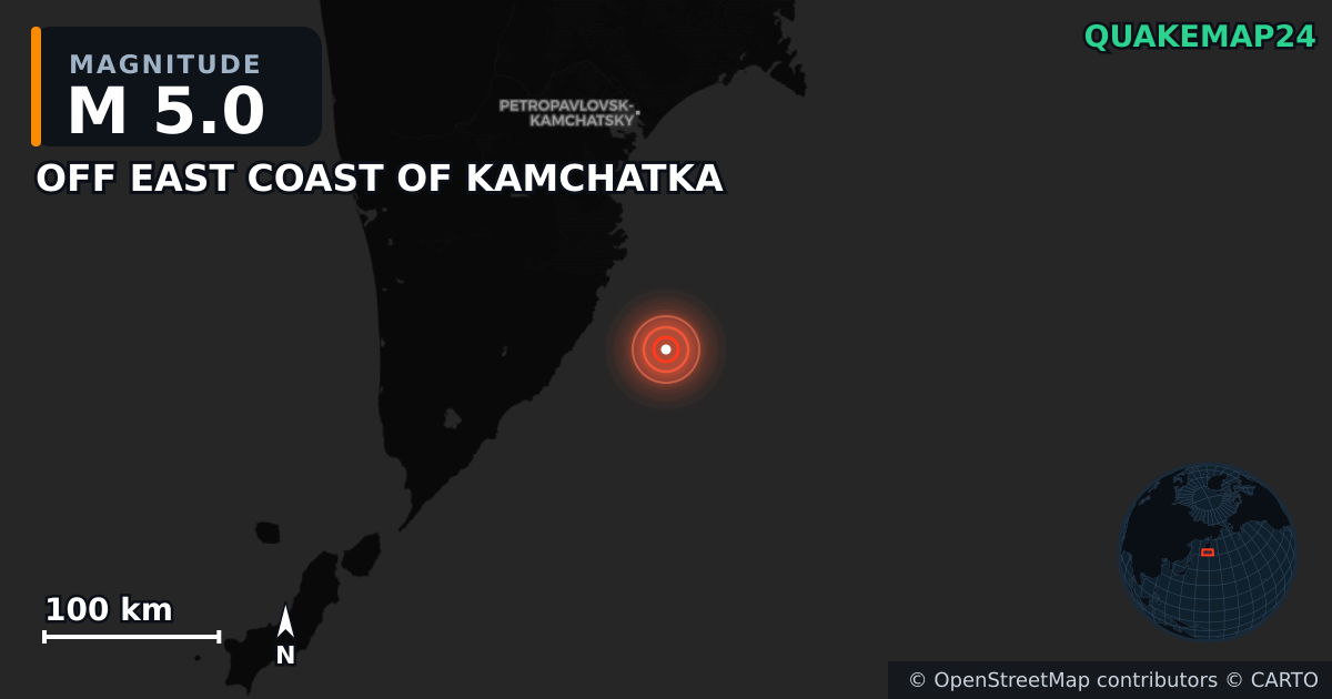 M5.0 earthquake near OFF EAST COAST OF KAMCHATKA on Sep 1, 2025 — map of epicenter and shaking intensity | QuakeMap24