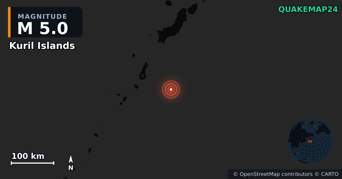 Kuril Islands yakınında M5,0 deprem — Deprem merkez üssünün konumunu gösteren harita