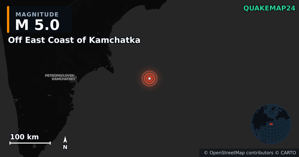 M5.0 earthquake near Off East Coast of Kamchatka on Sep 24, 2025 — map of epicenter and shaking intensity | QuakeMap24