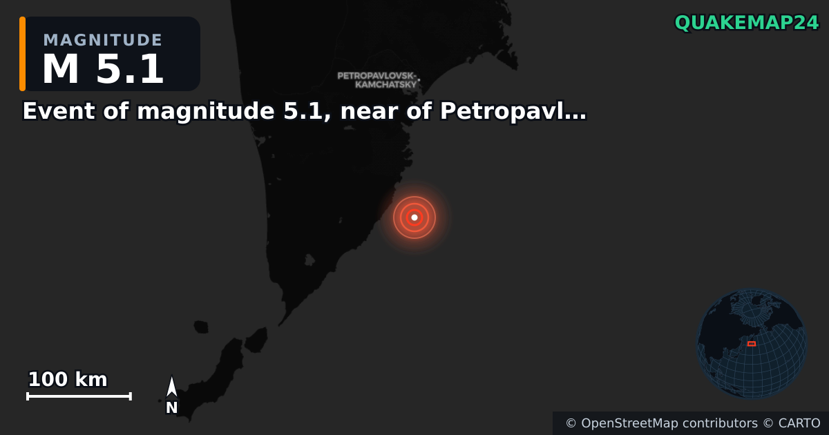 M5.1 earthquake near Event of magnitude 5.1, near of Petropavlovsk Kamchatskiy (Monde) on Aug 24, 2025 — map of epicenter and shaking intensity | QuakeMap24