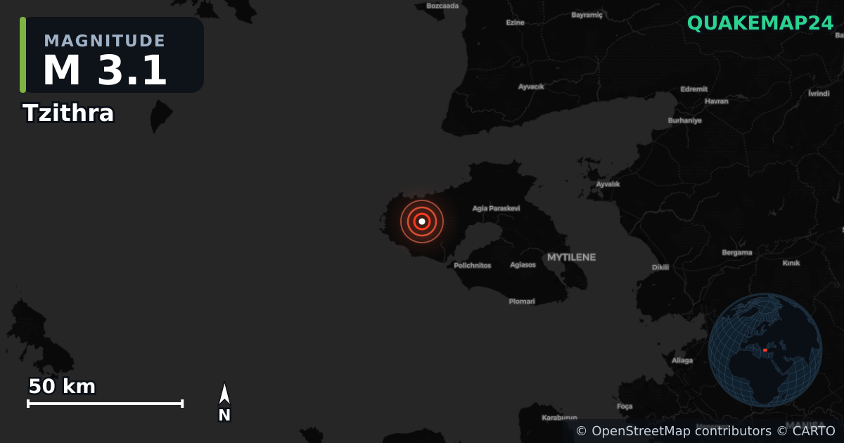 M3.1 earthquake near Tzithra on Dec 12, 2025 — map of epicenter and shaking intensity | QuakeMap24