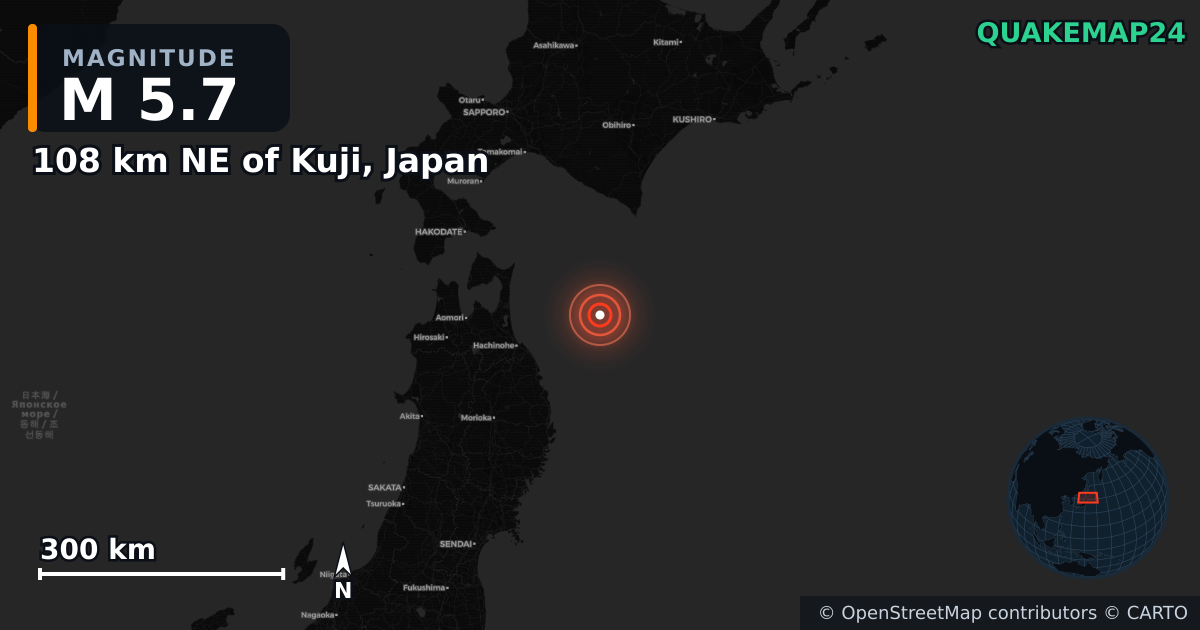 M5.7 earthquake near 108 km NE of Kuji, Japan on Dec 10, 2025 — map of epicenter and shaking intensity | QuakeMap24