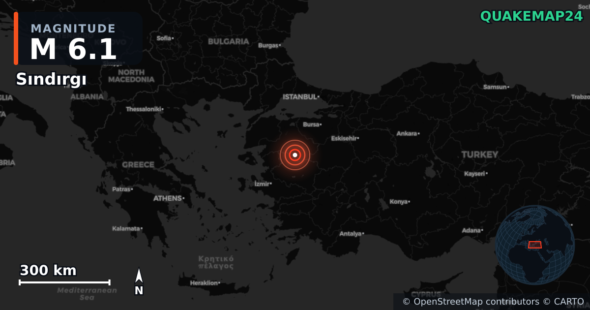 M6.1 earthquake near Sındırgı on Aug 10, 2025 — map of epicenter and shaking intensity | QuakeMap24