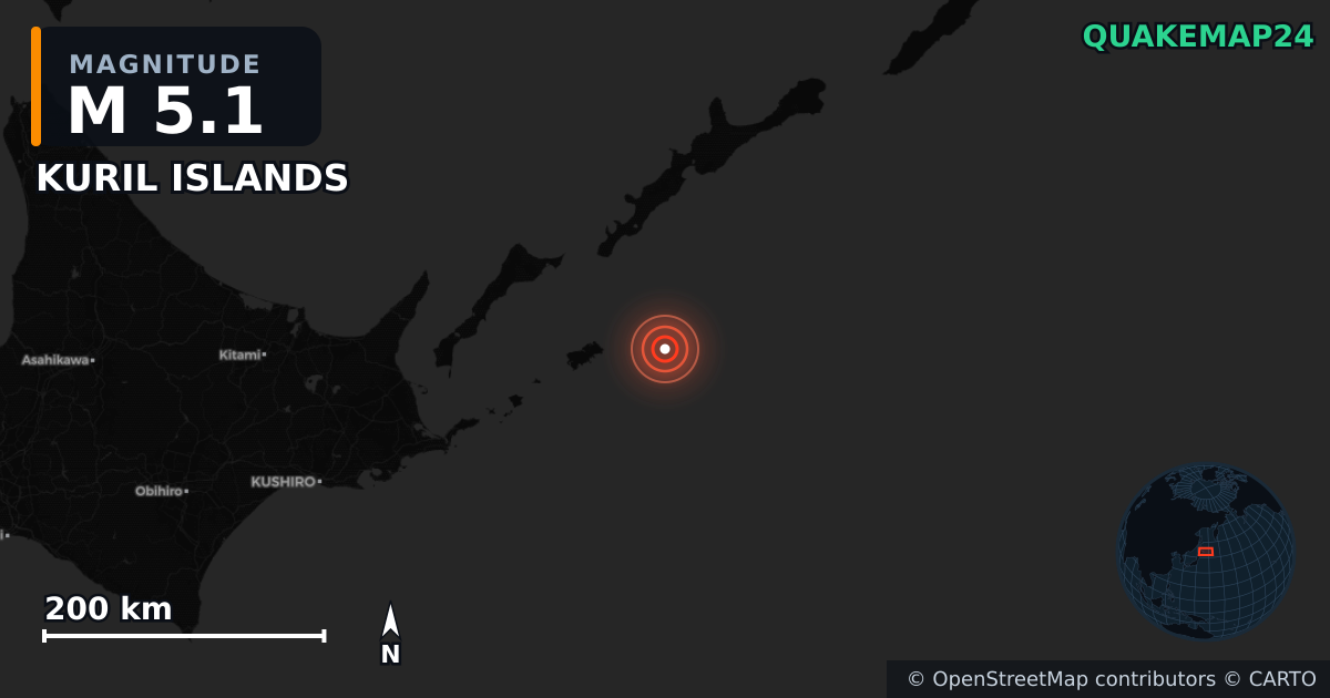 M5.1 earthquake near KURIL ISLANDS on Dec 21, 2025 — map of epicenter and shaking intensity | QuakeMap24