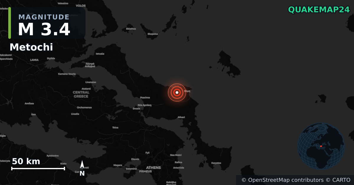 Sismo de M3,4 perto de Metochi, Central Greece (Grécia) · 2026-05-04 — Mapa da localização do epicentro