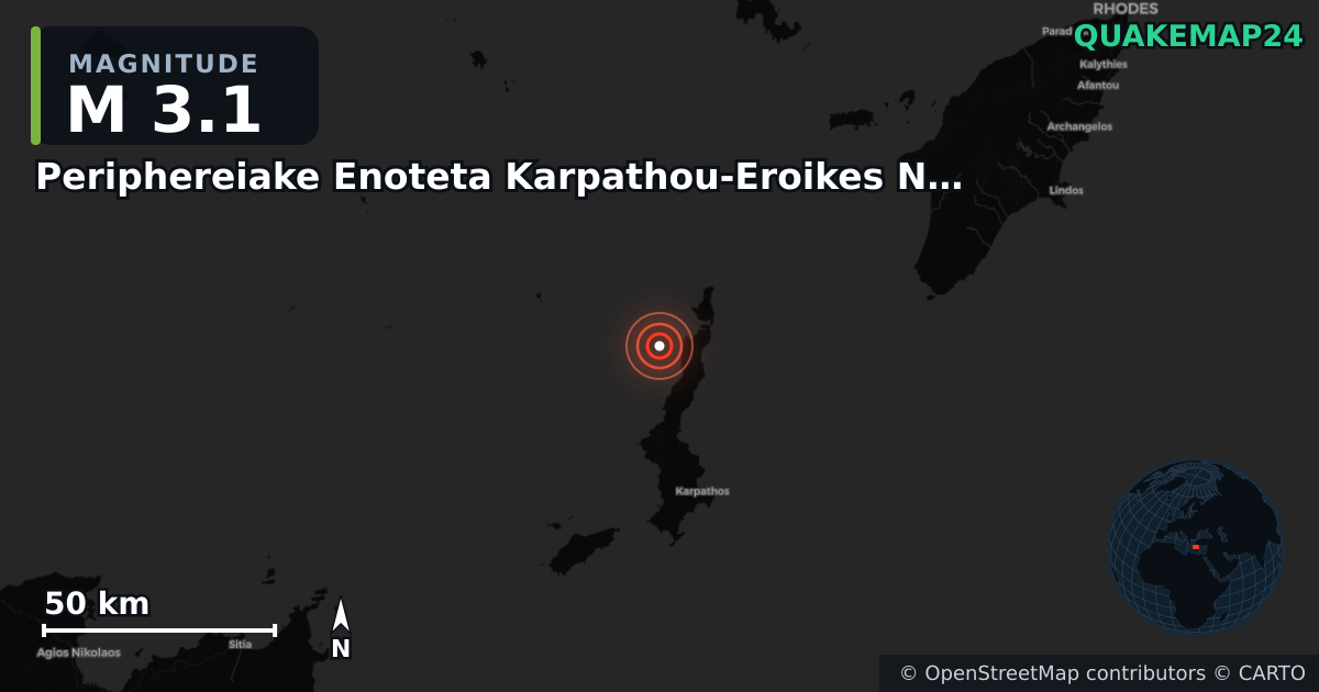 M3.1 earthquake near Periphereiake Enoteta Karpathou-Eroikes Nesou Kasou on Jan 25, 2026 — map of epicenter and shaking intensity | QuakeMap24