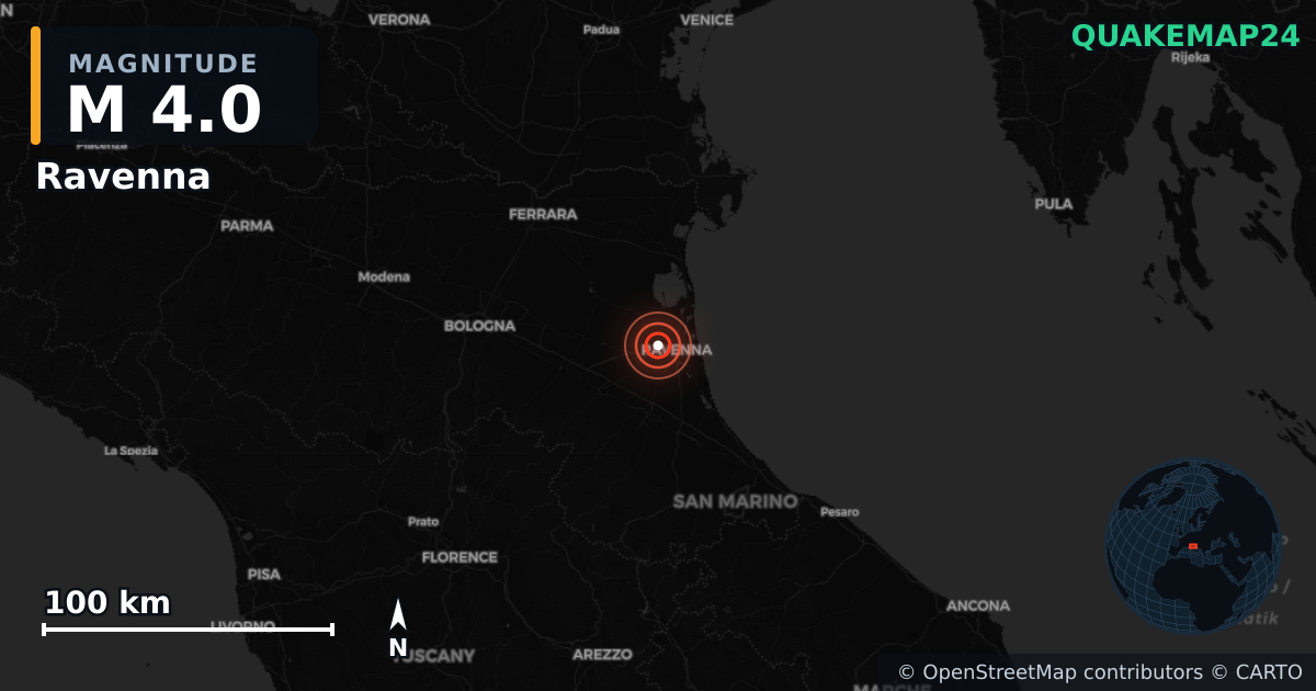 M4.0 earthquake near Ravenna on Jan 13, 2026 — map of epicenter and shaking intensity | QuakeMap24