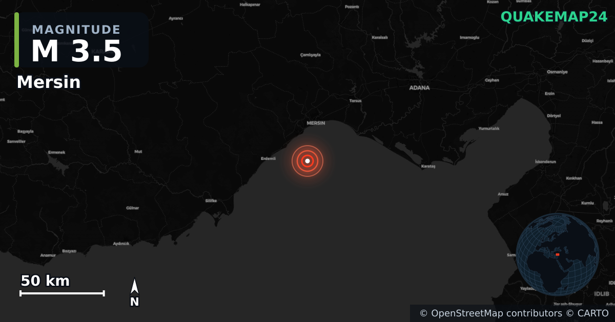 M3.5 earthquake near Mersin on Nov 20, 2025 — map of epicenter and shaking intensity | QuakeMap24