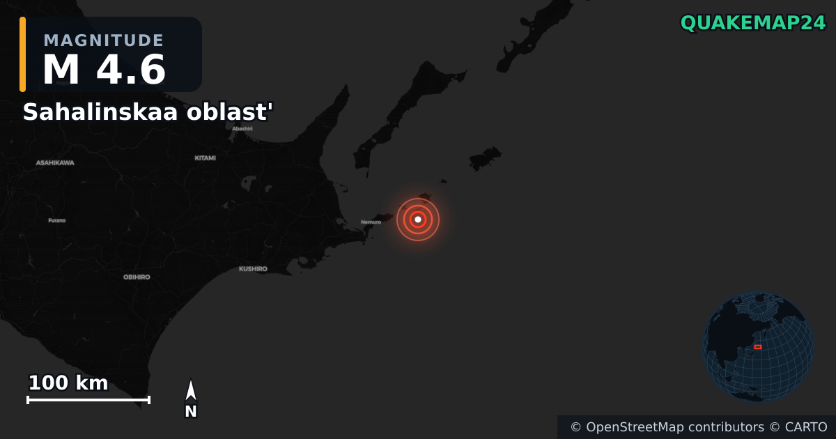 M4.6 earthquake near Sahalinskaa oblast' on Jul 9, 2025 — map of epicenter and shaking intensity | QuakeMap24
