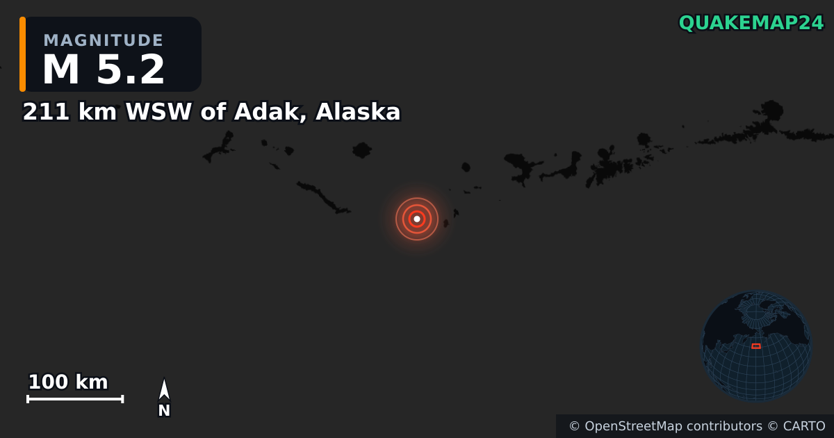 Sismo de M5,2 perto de 211 km WSW of Adak, Alaska — Mapa da localização do epicentro