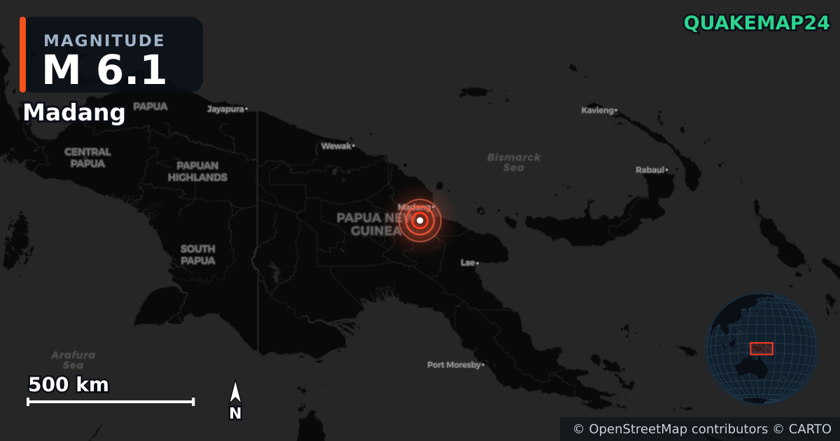 M6.1 earthquake near Madang on Dec 22, 2025 — map of epicenter and shaking intensity | QuakeMap24