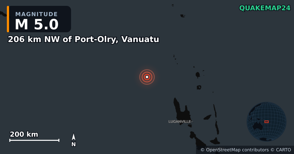 Terremoto de M5,0 cerca de 206 km NW of Port-Olry, Vanuatu · 2026-10-27 — Mapa de la ubicación del epicentro