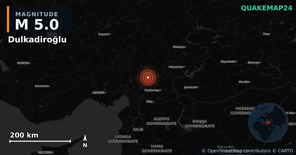 Sismo de M5,0 perto de Dulkadiroğlu, Kahramanmaraş (Turquia) · 2026-10-04 — Mapa da localização do epicentro