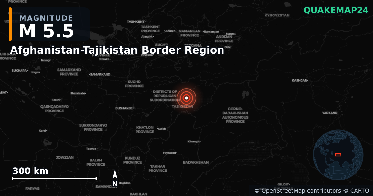 M5.5 earthquake near Afghanistan-Tajikistan Border Region on Apr 3, 2026 — map of epicenter and shaking intensity | QuakeMap24