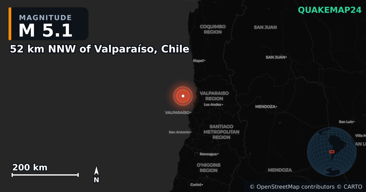 M5.1 earthquake near 52 km NNW of Valparaíso, Chile on Jul 15, 2026 — map of epicenter and shaking intensity | QuakeMap24
