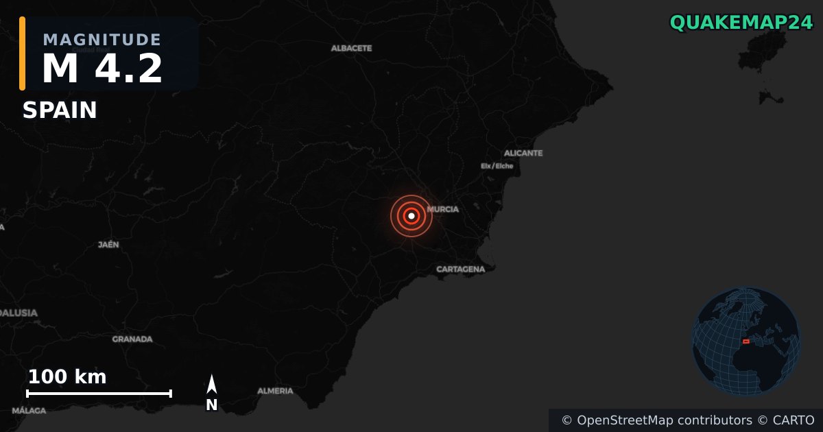 M4.2 earthquake near Murcia on Aug 2, 2026 — map of epicenter and shaking intensity | QuakeMap24