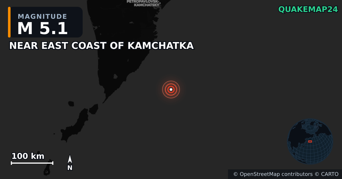 M5.1 earthquake near NEAR EAST COAST OF KAMCHATKA on Jul 30, 2025 — map of epicenter and shaking intensity | QuakeMap24