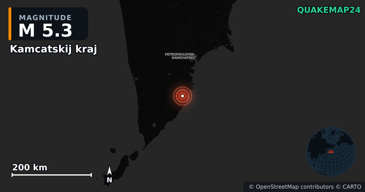 M5.3 earthquake near Kamcatskij kraj on Jul 30, 2025 — map of epicenter and shaking intensity | QuakeMap24