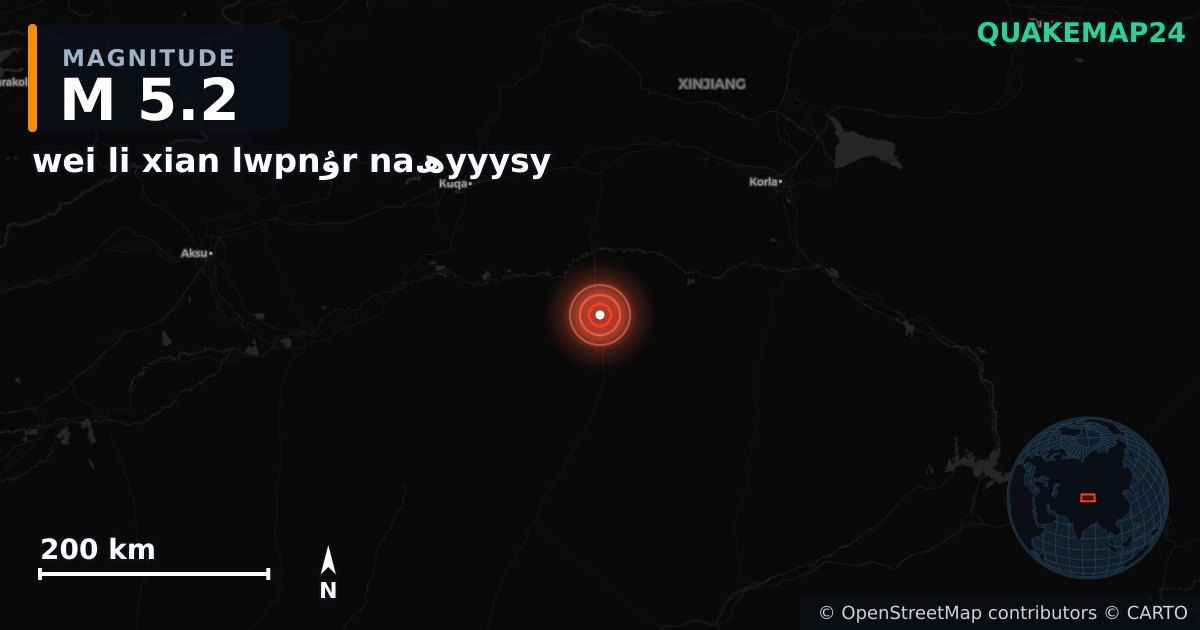 M5.2 earthquake near wei li xian lwpnۇr naھyyysy on Feb 23, 2026 — map of epicenter and shaking intensity | QuakeMap24