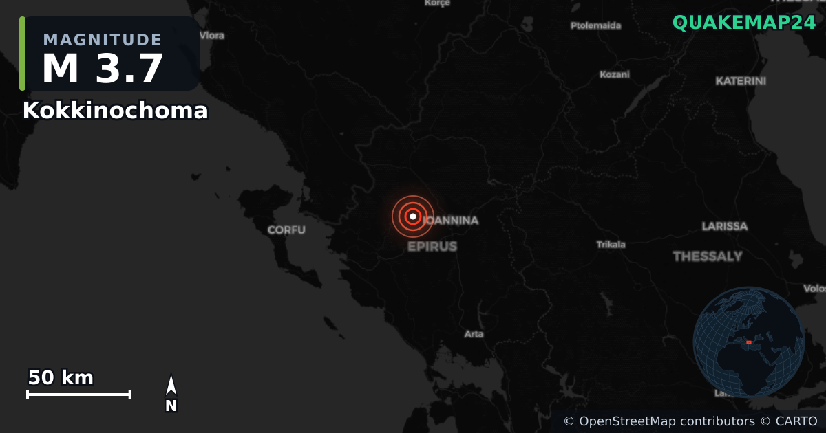 M3.7 earthquake near Kokkinochoma on Apr 24, 2026 — map of epicenter and shaking intensity | QuakeMap24