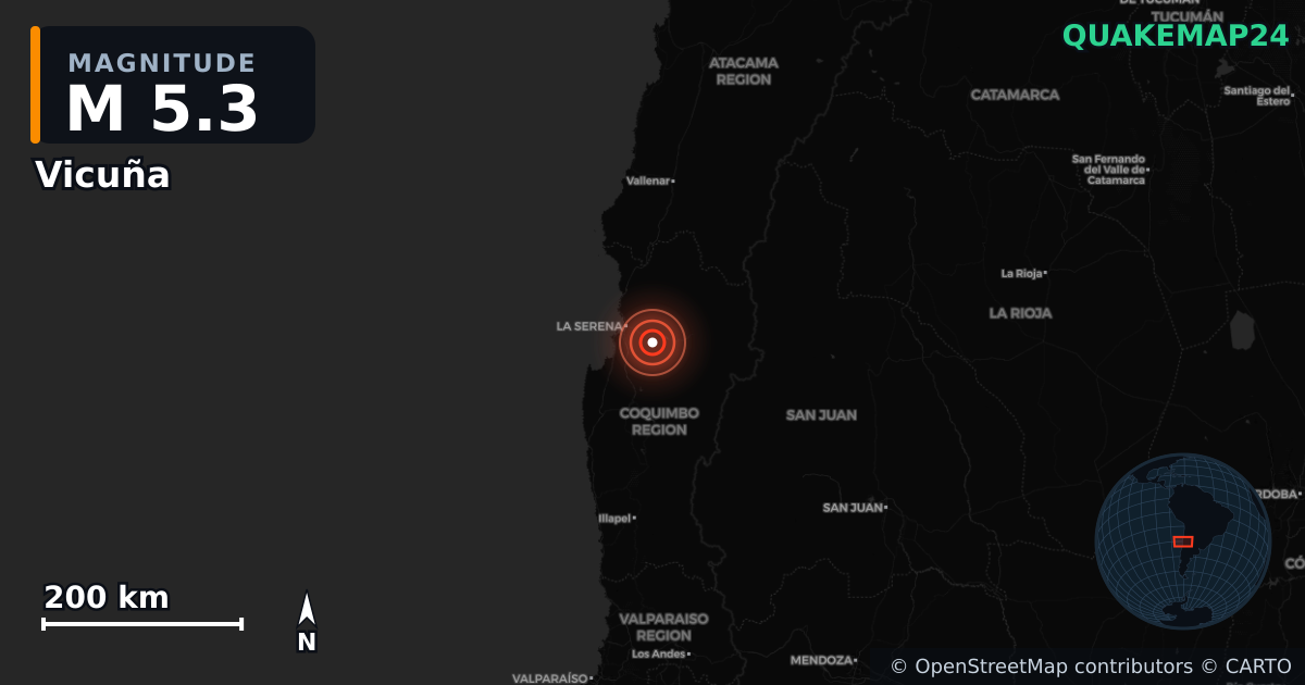 M5.3 earthquake near Vicuña on Mar 18, 2025 — map of epicenter and shaking intensity | QuakeMap24