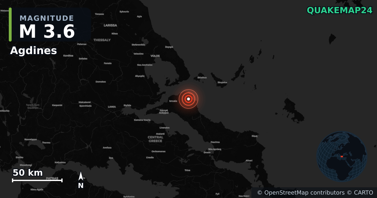 M3.6 earthquake near Agdines on Aug 4, 2026 — map of epicenter and shaking intensity | QuakeMap24
